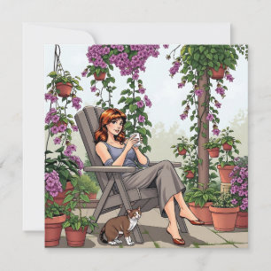 Pretty Woman Drinking Coffee, Her Dog and Plants