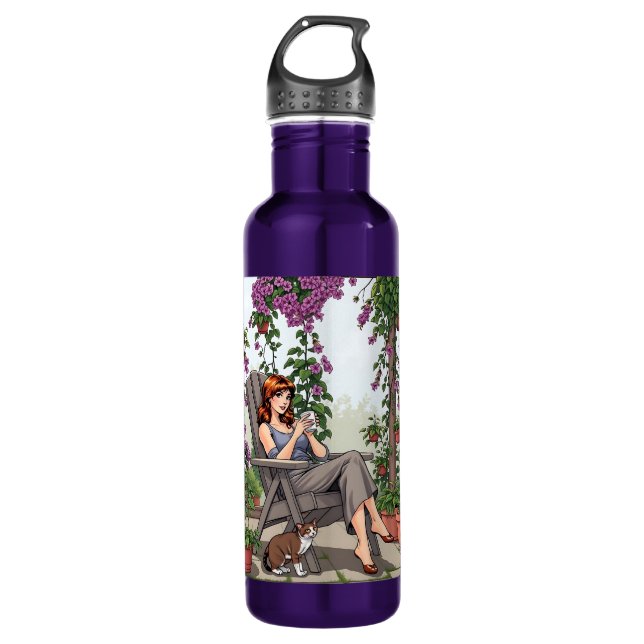 Pretty Woman Drinking Coffee, Her Dog and Plants 710 Ml Water Bottle (Front)