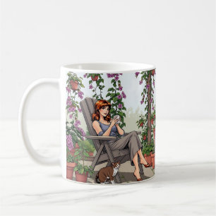 Pretty Woman Drinking Coffee, Her Dog and Plants Coffee Mug