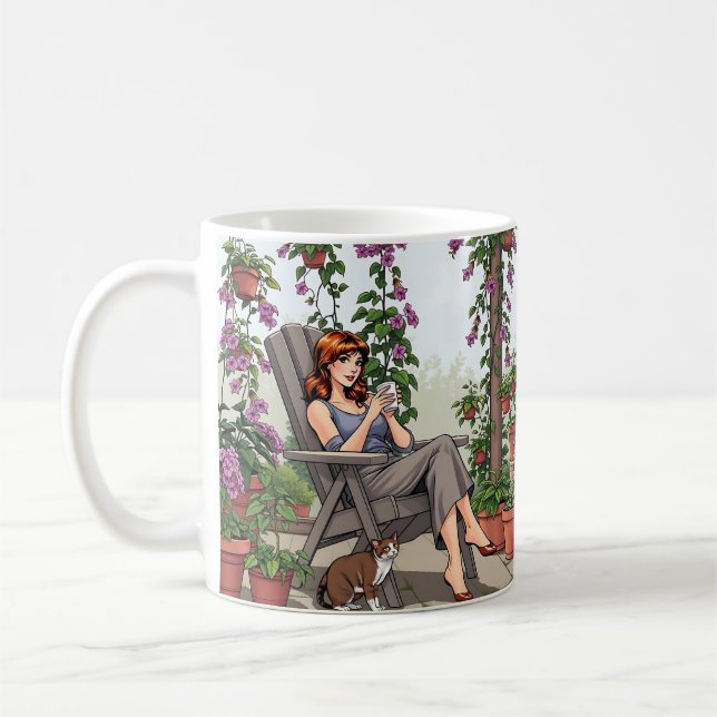 Pretty Woman Drinking Coffee, Her Dog and Plants Coffee Mug (Left)
