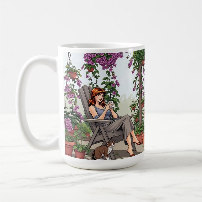 Pretty Woman Drinking Coffee, Her Dog and Plants Coffee Mug (Left)