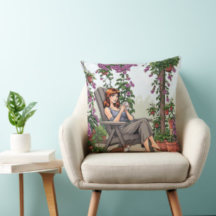 Pretty Woman Drinking Coffee, Her Dog and Plants Cushion