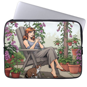 Pretty Woman Drinking Coffee, Her Dog and Plants Laptop Sleeve