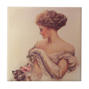 Pretty Woman Holding a Kitten (by Harrison Fisher) Ceramic Tile