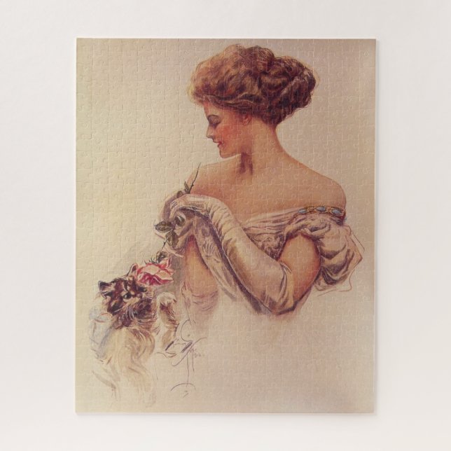 Pretty Woman Holding a Kitten (by Harrison Fisher) Jigsaw Puzzle (Vertical)