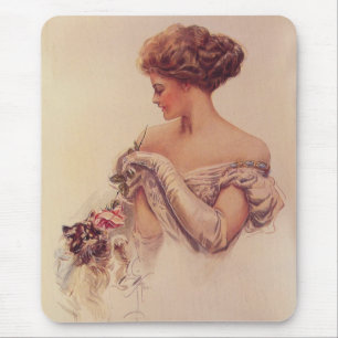 Pretty Woman Holding a Kitten (by Harrison Fisher) Mouse Pad
