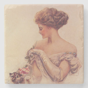 Pretty Woman Holding a Kitten (by Harrison Fisher) Stone Coaster
