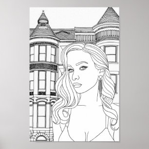 Pretty woman Houses city line art colouring page Poster