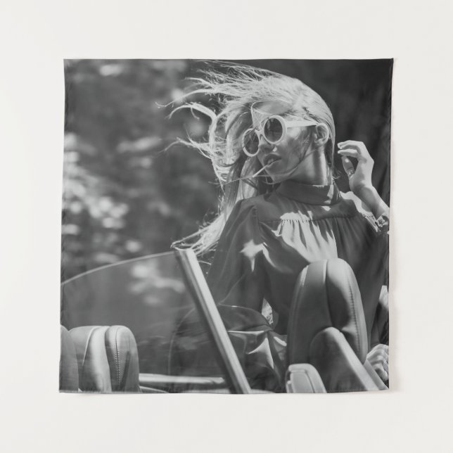 Pretty woman in convertible car tapestry (Front)