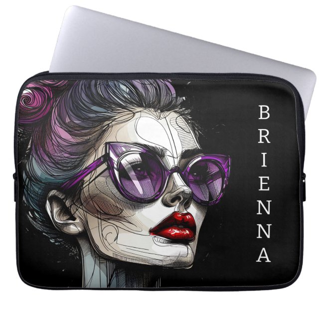 Pretty Woman in Sunglasses and Purple Lipstick Laptop Sleeve (Front)