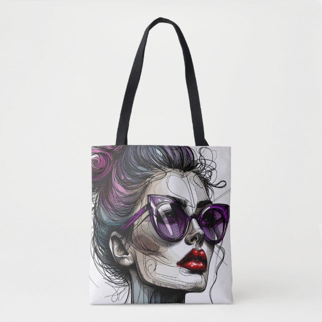Pretty Woman in Sunglasses and Purple Lipstick Tote Bag (Front)
