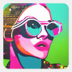 Pretty Woman in Sunglasses Unique Modern Art Square Sticker