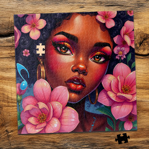 Pretty Woman of Colour with Pink Flowers  Jigsaw Puzzle