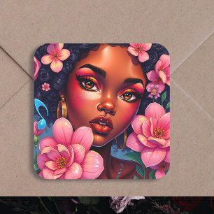 Pretty Woman of Colour with Pink Flowers Square Sticker