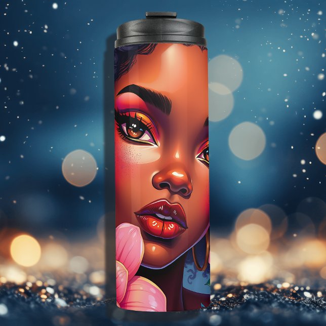 Pretty Woman of Colour with Pink Flowers  Thermal Tumbler (Creator Uploaded)