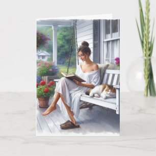 Pretty Woman Reading a Book for Birthday Card