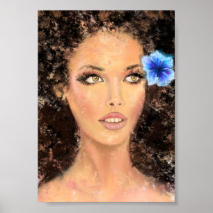 Pretty Woman with Blue Flower - Original Painting  Poster