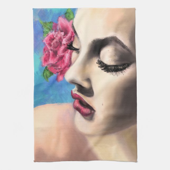 Pretty Woman with Red Rose Kitchen Towel (Vertical)