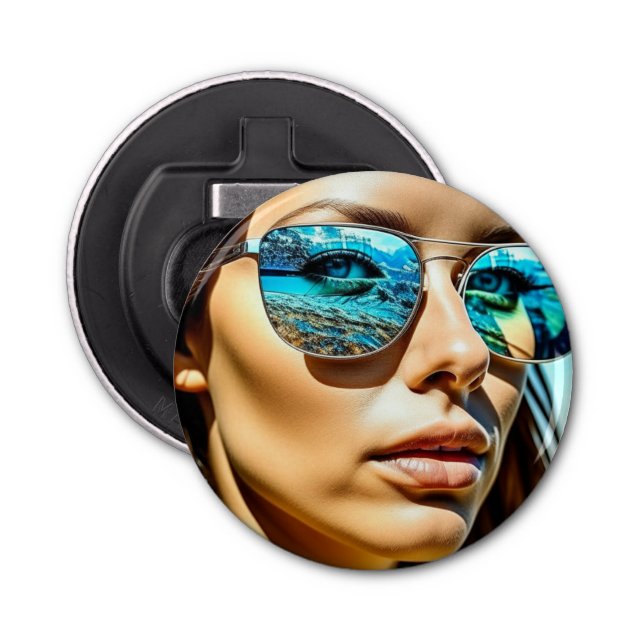 Pretty Woman with Reflection of Beach Sunglasses Bottle Opener (Front)