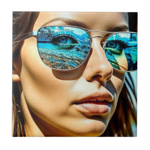 Pretty Woman with Reflection of Beach Sunglasses Ceramic Tile