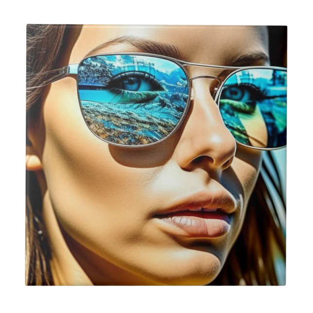 Pretty Woman with Reflection of Beach Sunglasses Ceramic Tile (Front)