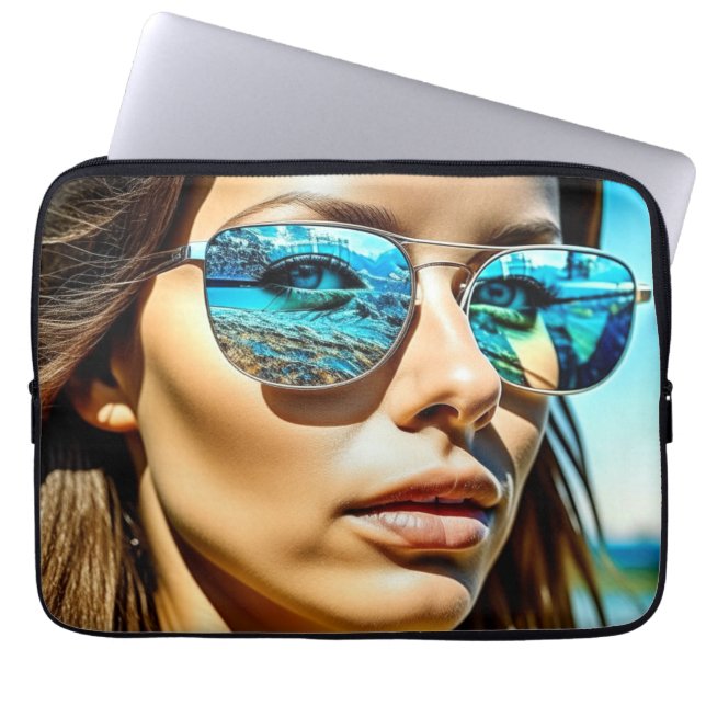 Pretty Woman with Reflection of Beach Sunglasses Laptop Sleeve (Front)