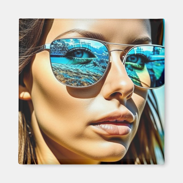 Pretty Woman with Reflection of Beach Sunglasses Magnet (Front)