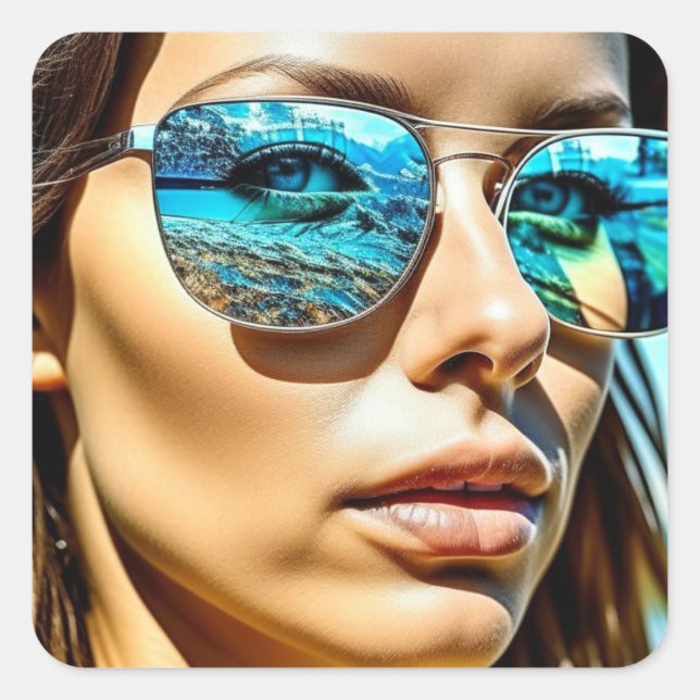 Pretty Woman with Reflection of Beach Sunglasses Square Sticker (Front)