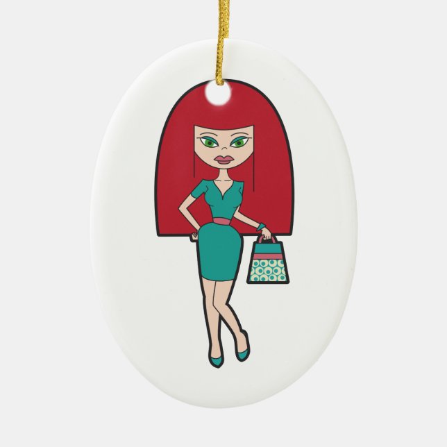 Pretty Woman with retro Handbag Ceramic Tree Decoration (Front)