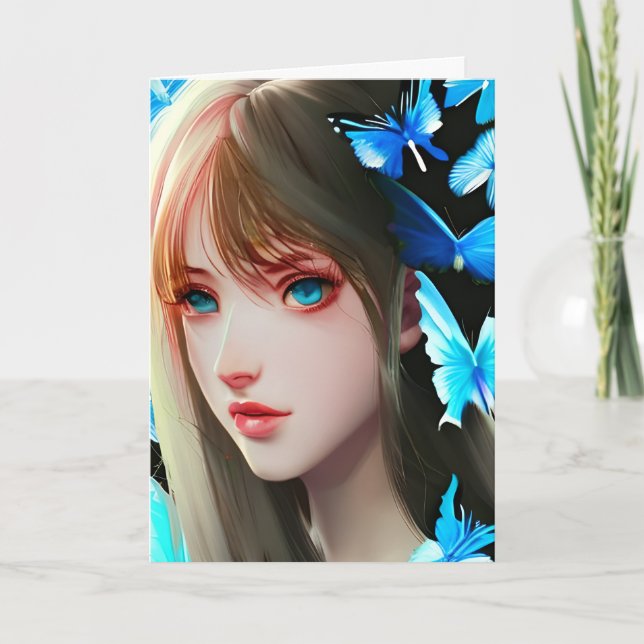 Pretty Women with Blue Butterflies Birthday Card (Front)