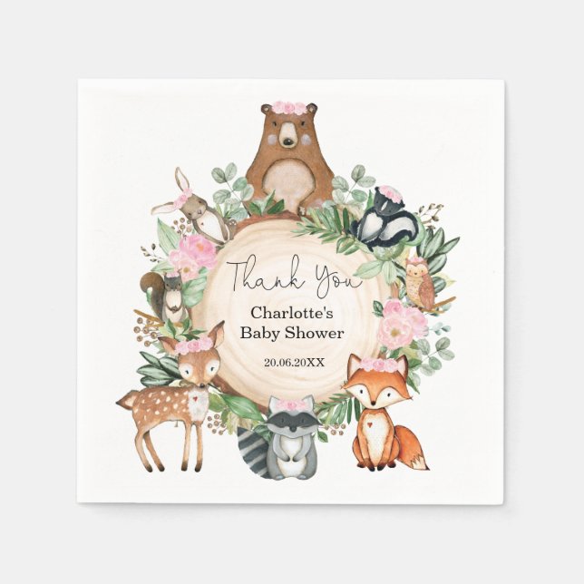 Pretty Woodland Animals Baby Girl Shower Birthday Napkin (Front)