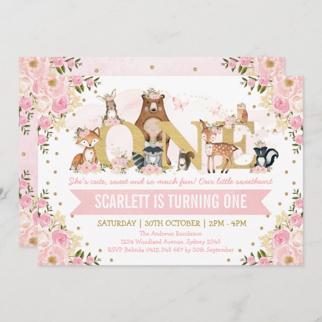 Pretty Woodland Animals Blush Gold 1st Birthday Invitation (Front/Back)