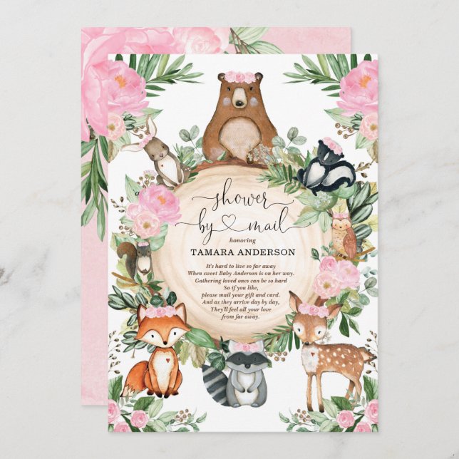 Pretty Woodland Animals Girl Shower By Mail Invitation (Front/Back)