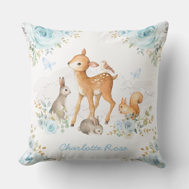 Pretty Woodland Forest Animals Blue Floral Nursery Cushion (Front)