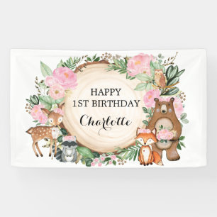 Pretty Woodland Forest Animals Girl Happy Birthday Banner