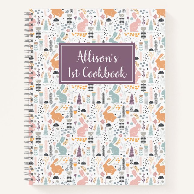 Pretty Woodland Forest Rabbit Pattern 1st Cookbook Notebook (Front)