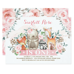 Pretty Woodland Girl 1st Birthday Soft Pink Floral Invitation