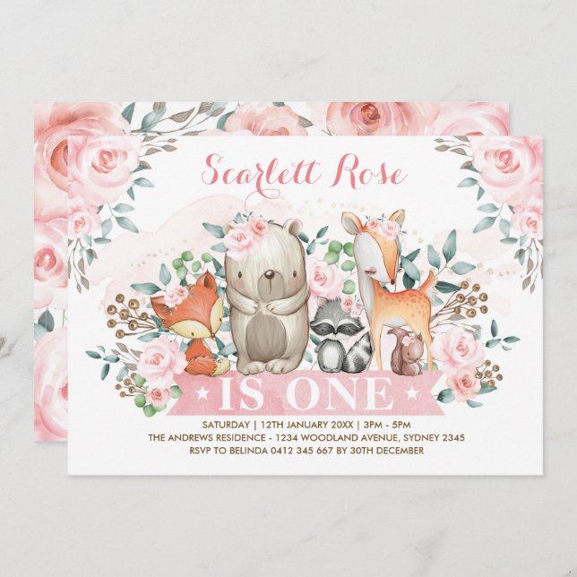 Pretty Woodland Girl 1st Birthday Soft Pink Floral Invitation (Front/Back)