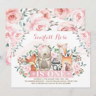 Pretty Woodland Girl 1st Birthday Soft Pink Floral Invitation