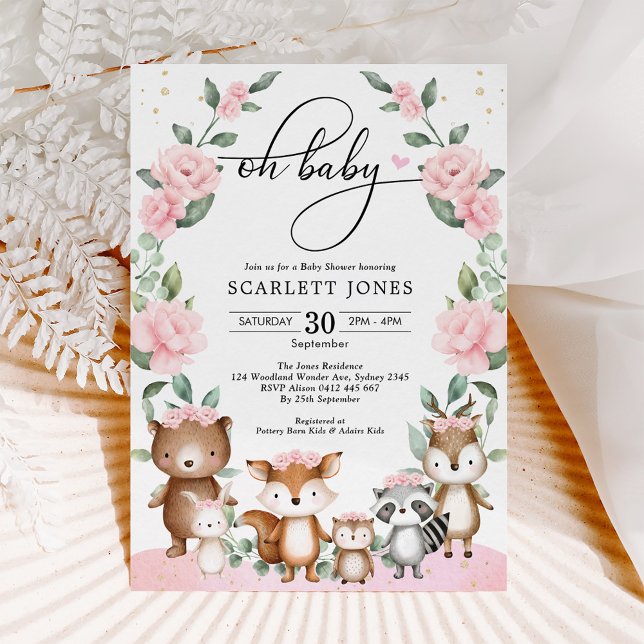 Pretty Woodland Greenery Pink Floral Baby Shower Invitation (Creator Uploaded)