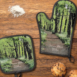 Pretty Woodland Personalised Oven Mitt & Pot Holder Set