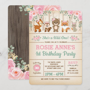 Pretty Woodland Pink Roses Wild One 1st Birthday Invitation