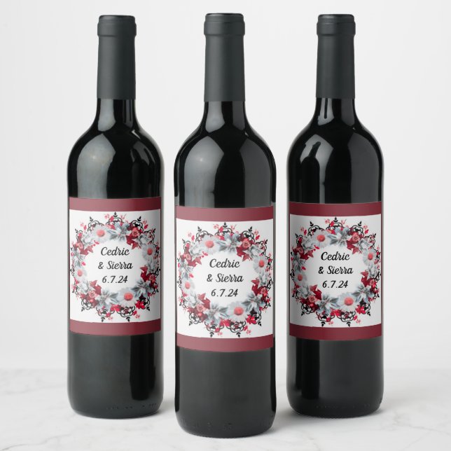 Pretty Wreath Modern Design Floral Flowers Wine Label (Bottles)