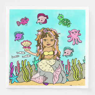 Pretty Yellow and Pink Ethnic Mermaid Birthday Napkin