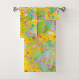 Pretty Yellow and Red Flowers with Turquoise Bath Towel Set