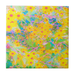 Pretty Yellow and Red Flowers with Turquoise Ceramic Tile