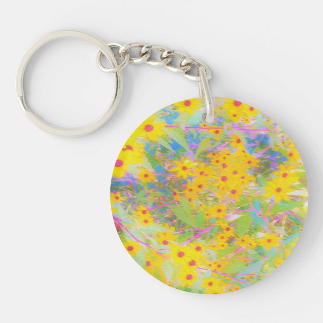 Pretty Yellow and Red Flowers with Turquoise Key Ring (Front)