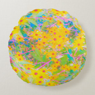 Pretty Yellow and Red Flowers with Turquoise Round Cushion