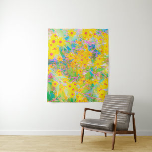 Pretty Yellow and Red Flowers with Turquoise Tapestry