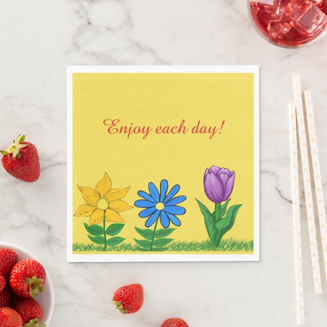 Pretty Yellow Blue Purple Flowers Yellow Napkins (Insitu)